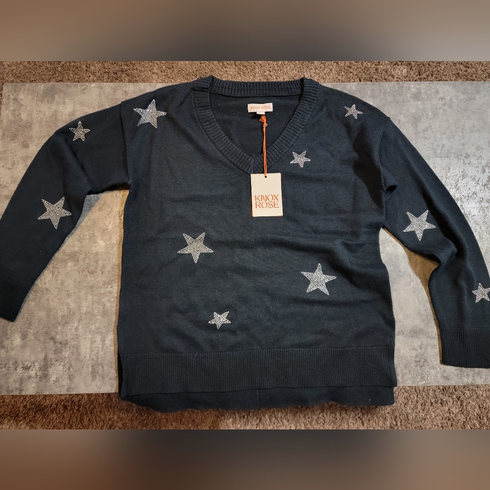 Women's Rhinestones Sweater V-Neck Pullover Sweater - Knox Rose Navy